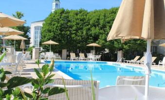 a large outdoor pool surrounded by lounge chairs and umbrellas , with a tall building in the background at Hilton St. Louis Frontenac