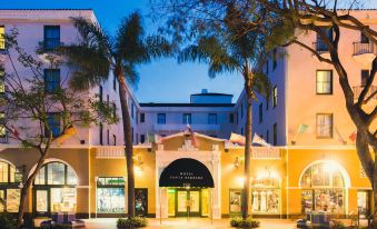 a city street at night , with a hotel building and palm trees lining the sidewalk at Hotel Santa Barbara