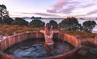 a woman is sitting in a hot tub , relaxing and enjoying the view of the ocean at Hahei Beach Resort
