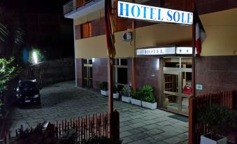 a hotel entrance with a large sign above the door , illuminated at night and surrounded by potted plants and lights at Hotel Sole