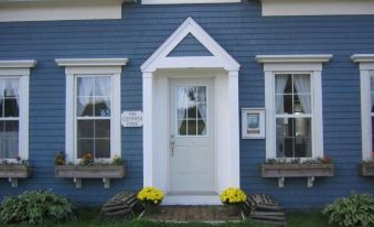 a blue house with white trim , a white door , and yellow flower boxes in front of the windows at Adventure High