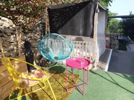 Top of villa, terraces, swimming pool at Mont St Clair, pétanque court with sea view