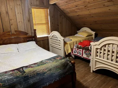 Cabin with hot tub, fire pit, and fishing pond.