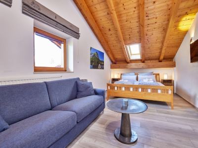 Individual 40 sqm attic apartment with open roof truss and balcony access