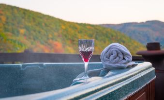 a glass of wine and a rolled towel are placed on the edge of a hot tub overlooking a mountain at North Fork Mountain Inn