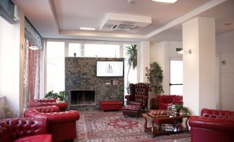 a large living room with multiple couches and chairs arranged around a fireplace , creating a cozy atmosphere at Hotel Palace