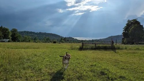 Rv parking spot with 30 Amp hook up and water. No dump station. Bring your toys!