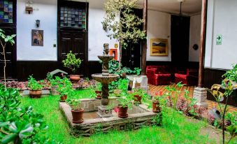 a courtyard with a fountain surrounded by potted plants and a variety of potted plants at Hotel Casablanca