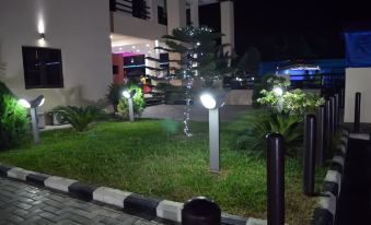 a grassy area with bushes and trees , illuminated by street lights at night , and a building in the background at De Santos Hotel
