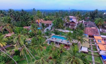 an aerial view of a large , modern house surrounded by palm trees and lush greenery at R Degrees