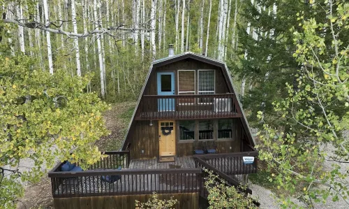 The Rustic Blue Cabin surrounded by Aspen Trees