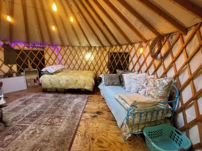 A yurt in the trees.  Close to Portland but close to nature.  Treeyurt Maine Hotels near Eartha Globe