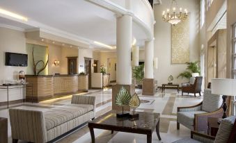 a spacious hotel lobby with a large reception desk , multiple chairs , and a potted plant at Hotel Venezia