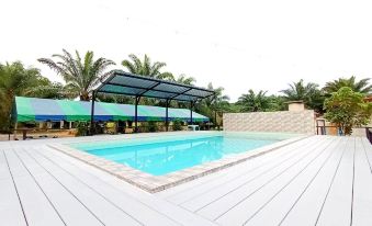 a large swimming pool with a wooden deck and umbrellas , surrounded by palm trees and buildings at Payabangsa Resort