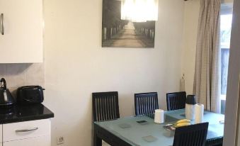 a dining room with a glass table , black chairs , and a painting on the wall at Sunny City