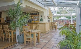 a restaurant with wooden chairs and tables , a glass ceiling , and potted plants on the floor at Waveney House Hotel