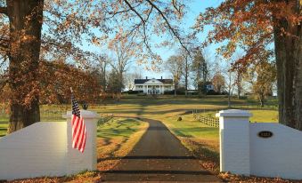 a white house with a driveway leading up to it , surrounded by trees and grass at The Inn & Tavern at Meander