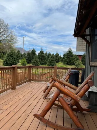A hand-crafted cabin built in the middle of a Christmas Tree farm.