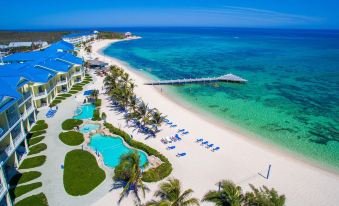 aerial view of a sandy beach with palm trees , a pier , and a pool in the background at Wyndham Reef Resort Grand Cayman