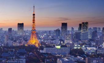 The illuminated tower on top of a city creates a stunning skyline at night at Oakwood Apartments Roppongi Central