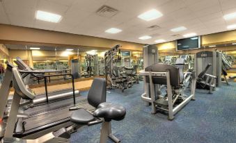 a gym with various exercise equipment , including treadmills and weight machines , in a large room with blue carpet at Silver Beach Hotel