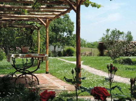 Isolated on hill, flat with terrace,garden among romanesque art,quiet,nature