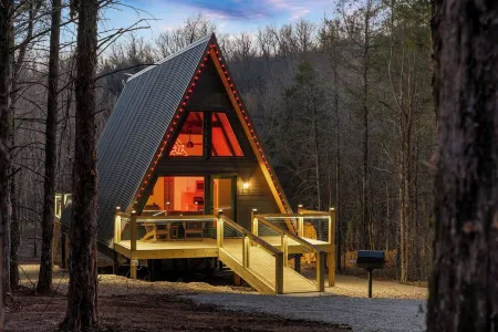 NEW! 2-bedroom A-frame Cabin with Sauna, Hot Tub, & Creekfront