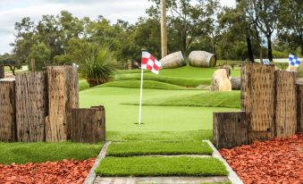 a small green golf course with a flag on the flag pole , surrounded by trees at Novotel Swan Valley Vines Resort