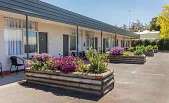 a row of small , white buildings with flower beds in front and a patio area at Maffra Motor Inn