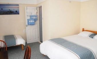 a hotel room with two beds , one on the left and one on the right side of the room at Prince of Wales