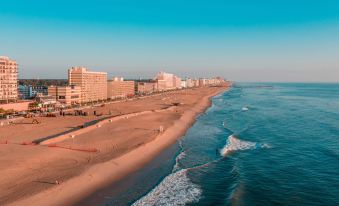 aerial view of a sandy beach with buildings in the background , taken from a high altitude at Aloft Chesapeake