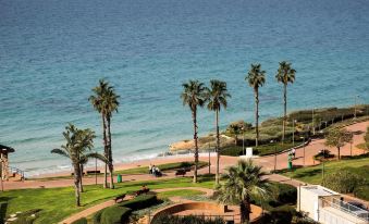 a beautiful beach scene with palm trees , a path , and the ocean in the background at David Tower Hotel Netanya by Prima Hotels - 16 Plus