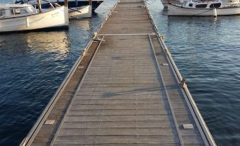 a wooden pier extending into the water , with several boats docked at the end of it at Hotel Sa Franquesa Nova