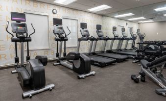 a gym with various exercise equipment , including treadmills and stationary bikes , arranged neatly on the floor at Residence Inn by Marriott Princeton at Carnegie Center