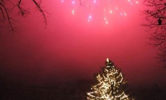 a large christmas tree surrounded by lights and decorations , with a pink sky in the background at Stroudsmoor Country Inn