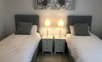 a bedroom with two twin beds , one on the left side and the other on the right side of the room at Ice House Apartments