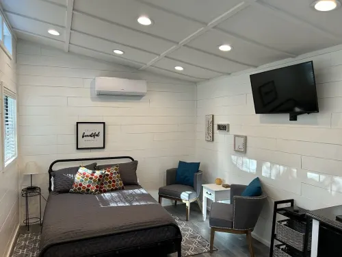 Tiny House for two nestled under massive oaks in Southern Oklahoma.