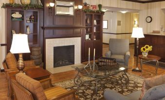 a cozy living room with a fireplace , two chairs , and a bookshelf filled with books at Country Inn & Suites by Radisson, Baltimore North/White Marsh