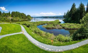 a serene landscape with a winding path , grassy fields , and a lake in the background at Sproat Lake Landing Resort