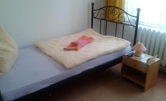a bed with a white mattress and a pink pillow is shown in a room at Weißes Haus