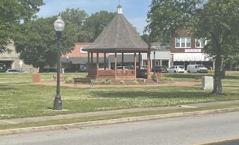 a large , brown gazebo is situated in a park with trees and buildings in the background at Meadows Hotel