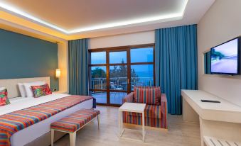 a hotel room with a bed , a couch , and a view of the ocean through a sliding glass door at Duja Bodrum