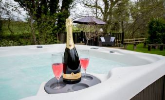 a hot tub with a bottle of champagne and two glasses on the side , surrounded by trees at The Snug