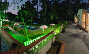 a nighttime view of a well - lit outdoor area with green lights , umbrellas , and palm trees at Hotel Palms