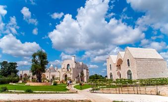 a group of stone houses with arched windows , surrounded by green grass and trees under a cloudy sky at Ottolire Resort