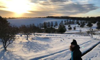 a woman and a child are standing on a snowy field , looking out at the landscape at The Carew Arms