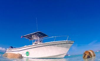 a white boat is floating in the water near a rocky shore , with a blue sky above at Embrace Resort