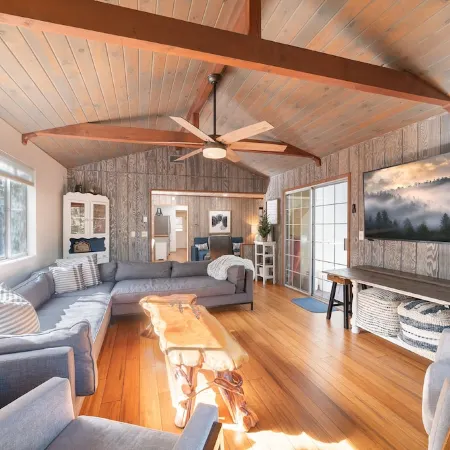 Spring Season Our Cabin Home Backing Preserve with Deck, Grill and Gas Fire Pit