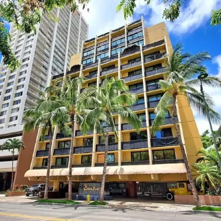 Queen Bed Suite Balcony Suite over Pool at the Gorgeous Bamboo Waikiki complex