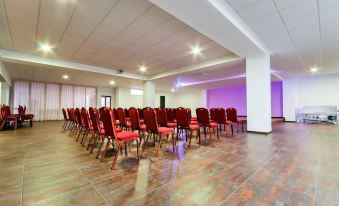 a large conference room with rows of red chairs arranged in a semicircle , and a projector mounted on the wall at Hotel Fontana Plaza